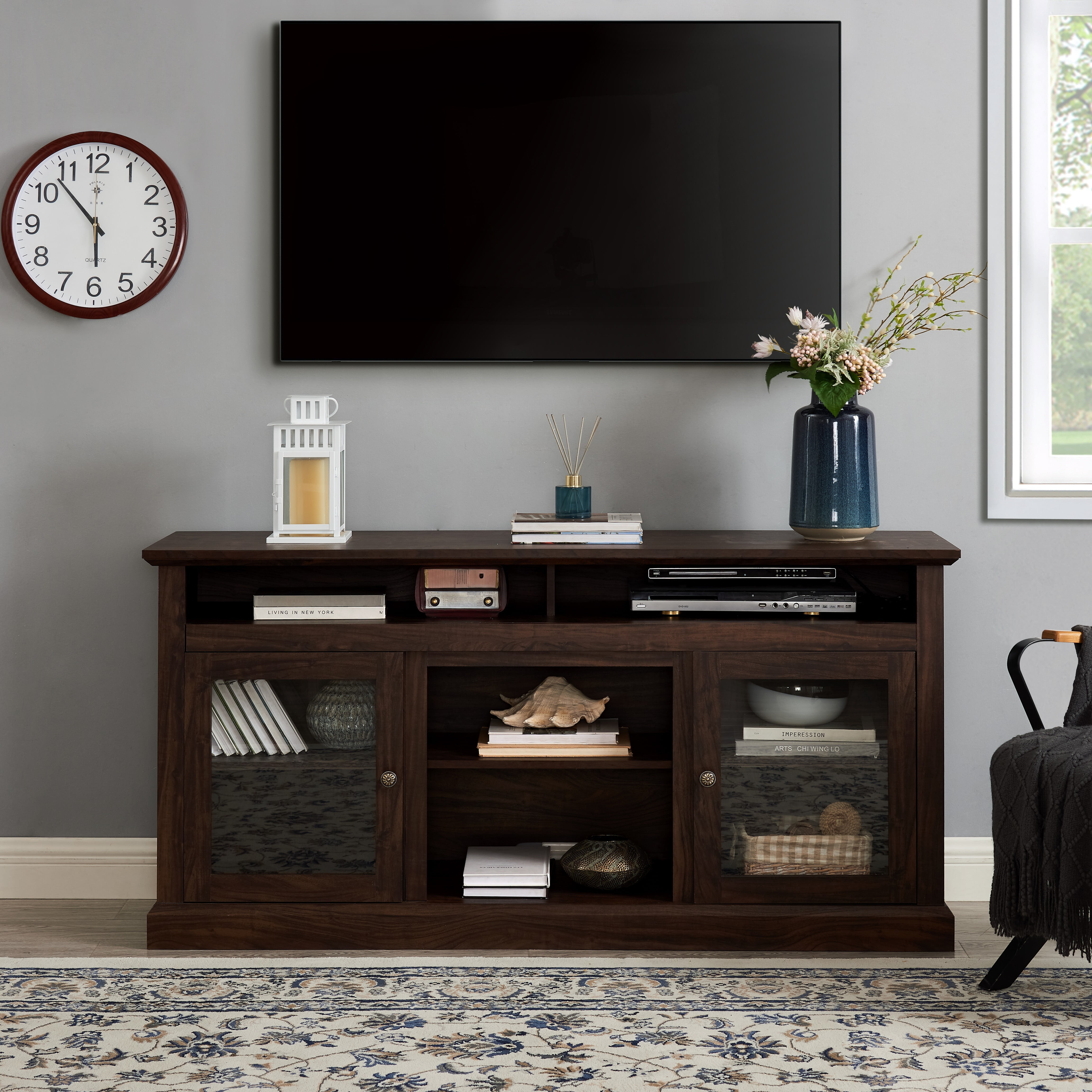 Brown MDF 60-Inch TV Stand with Glass Doors and Adjustable Shelves