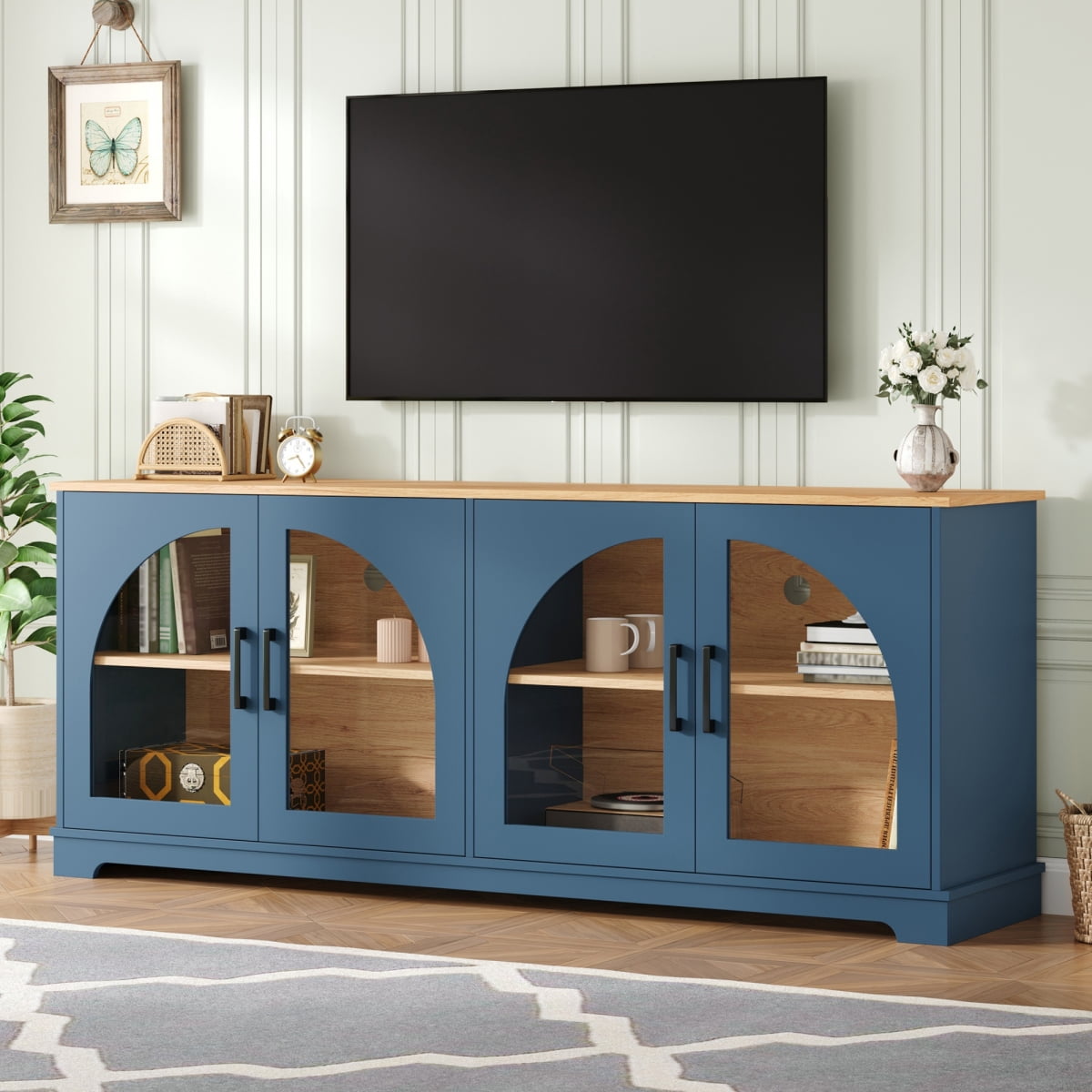 Farmhouse TV Stand with Semi-Arched Glass Doors for TVs Up to 70 ...