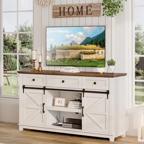 VanAcc Farmhouse TV Stand with Barn Door & Drawer, 59" Rustic Entertainment Center for TVs up to 65", Living Room, Bedroom, Distressed White
