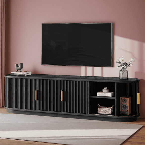Farmhouse TV Stand, Sliding Tambour Door Media Console for TVs up to 75", Fluted Wooden Cabinet with Adjustable Shelves, Golden Handle, Cable Management, Black
