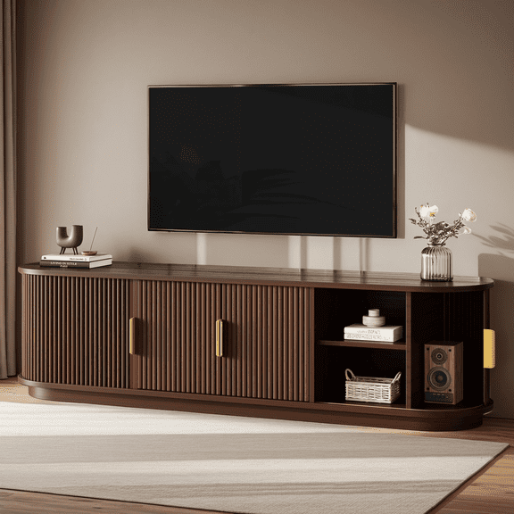 Farmhouse TV Stand, Sliding Tambour Door Media Console for TVs up to 75", Fluted Wooden Cabinet with Adjustable Shelves, Golden Handle, Cable Management, Walnut