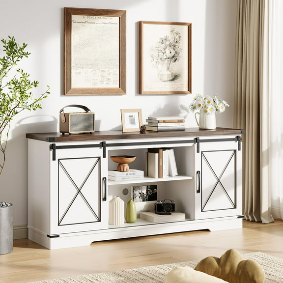 Farmhouse TV Stand, for TV up to 65 in and Entertainment Center with Sliding Barn Doors and Adjustable Shelf, TV Media Console Table with Storage Cabinet, for Living Room, Bedroom