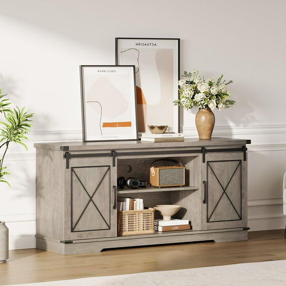 Farmhouse TV Stand for TV up to 65 Inches and Entertainment Center with Sliding Barn Doors, Tv Media Console Table with Storage Cabinet for Living Room, Bedroom
