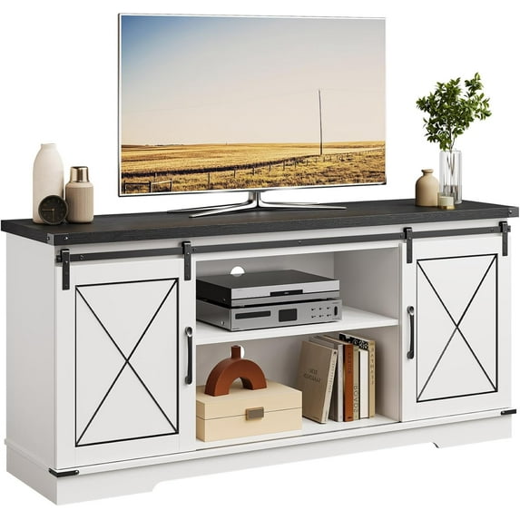 Farmhouse TV Stand for TV up to 65", TV Media Console Table with Storage Cabinet, Entertainment Center with Sliding Barn Doors for Living Room, Bedroom, White