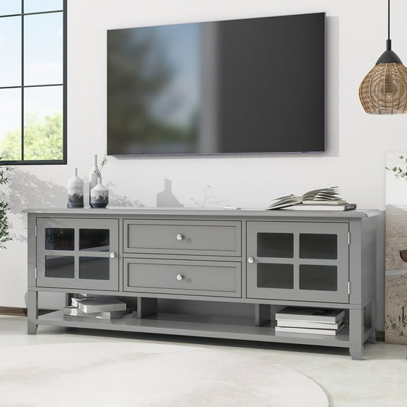 Farmhouse TV Stand for TVs up to 60", Cottage Wood Entertainment Center with Window Pane Glass Door Storage Cabinet, TV Cabinet with 2 Drawers & Open Shelf, TV Console Table for Living Room Bedroom