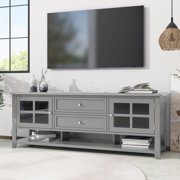 Farmhouse TV Stand for TVs up to 60", Cottage Wood Entertainment Center with Window Pane Glass Door Storage Cabinet, TV Cabinet with 2 Drawers & Open Shelf, TV Console Table for Living Room Bedroom