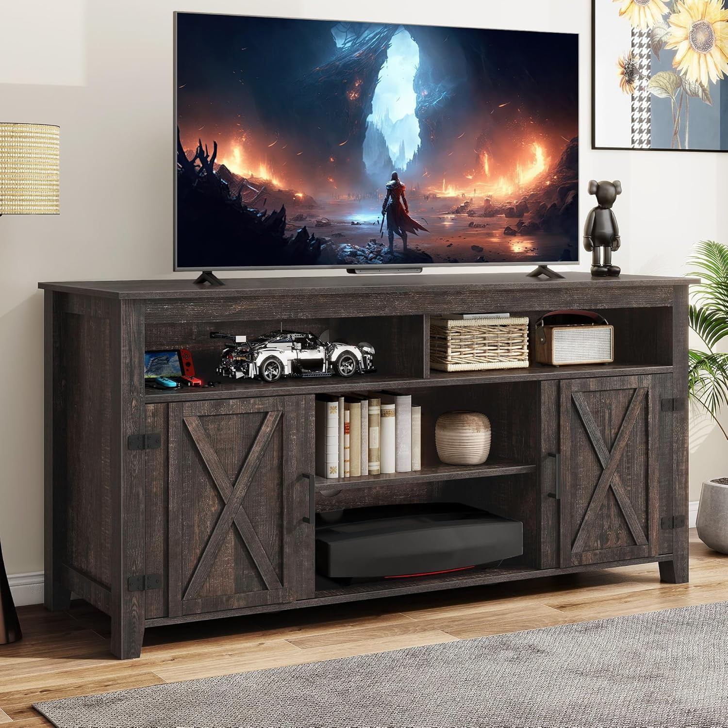 Farmhouse TV Stand for TVs up to 65 Inch, Entertainment Center with ...