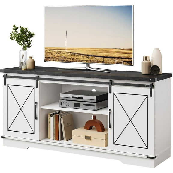 Farmhouse TV Stand for TVs Up to 65", Rustic Entertainment Center with Sliding Barn Doors, Cabinet with Barn Doors, Wood Media Console for Living Bedroom,White & Black