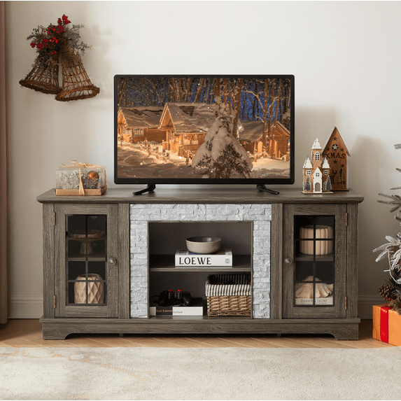 Farmhouse TV Stand for TVs up to 65", Wood Media Console Table with Storage, Long Entertainment Center with Glass Doors and Adjustable Shelves, for Living Room, Bedroom