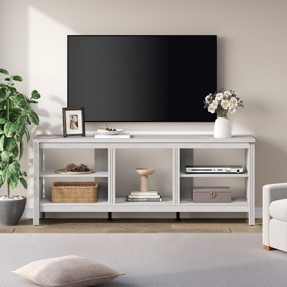 Farmhouse TV Stand for TVs up to 75 Inch, White Entertainment Center for 80 inch TV Console Table with 5 Cubby Storages for Living Room Bedroom, 70 inch