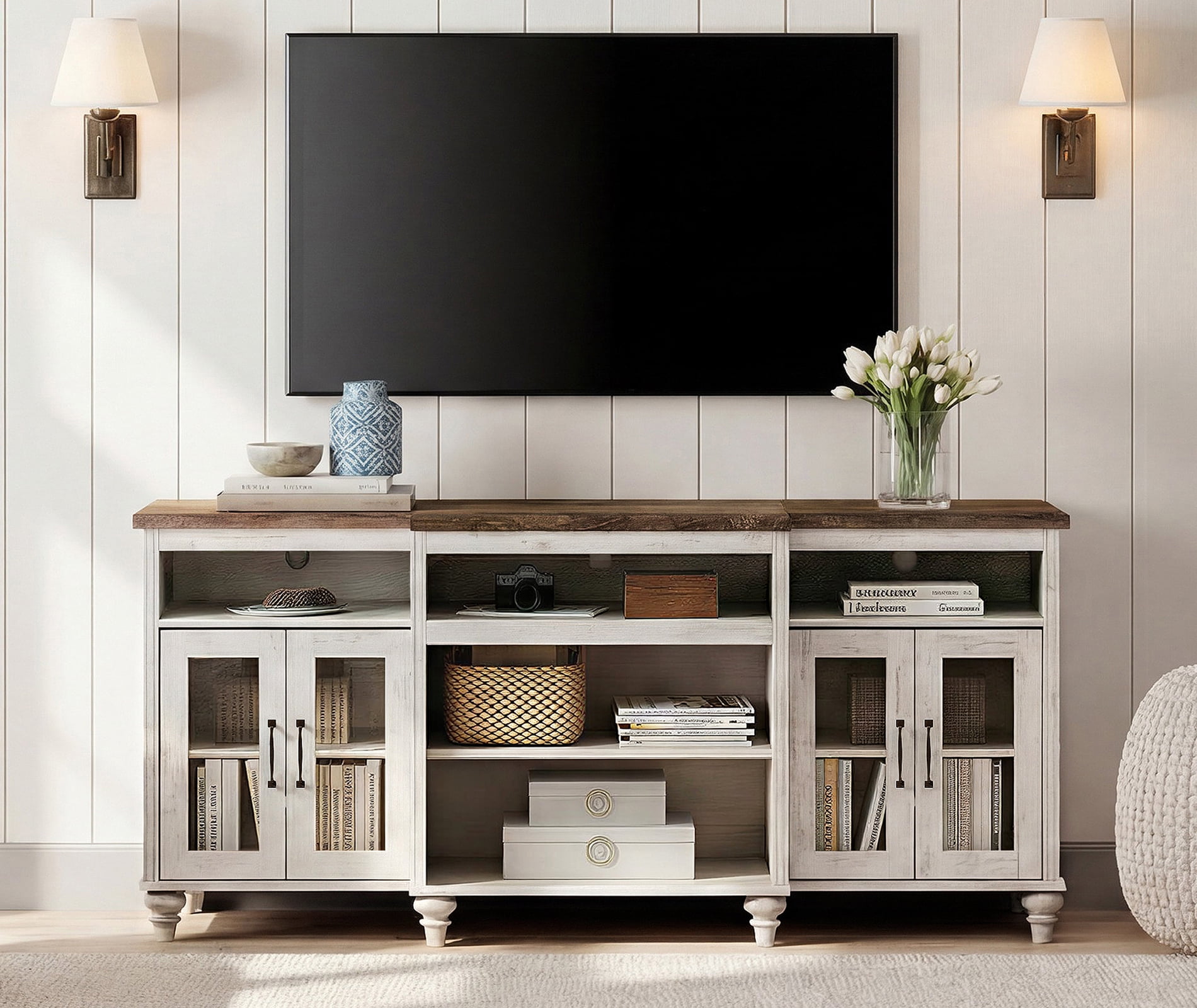 Farmhouse TV Stand for TVs Up to 75 inch, 4-Door Glass and Wood Universal TV Console with 9 Storage Cabinets, Entertainment Center Table for Living Room Bedroom, Rustic White