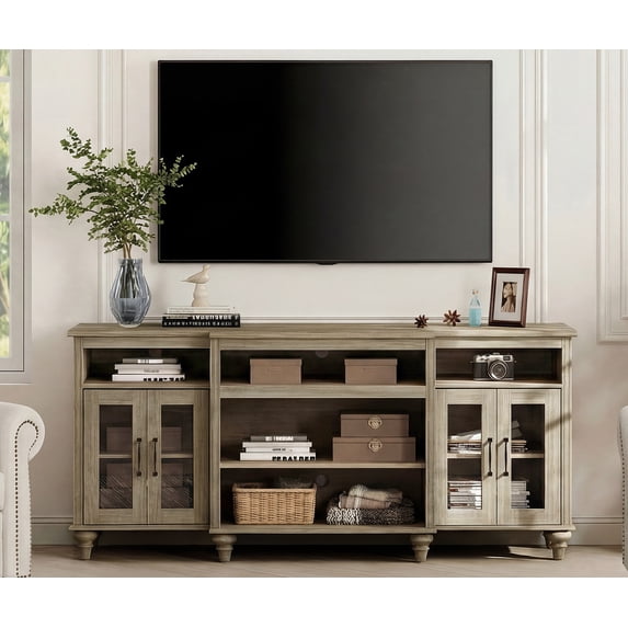 Farmhouse TV Stand for TVs Up to 75 inch, 4-Door Glass and Wood Universal TV Console with 9 Storage Cabinets, Entertainment Center Table for Living Room Bedroom, Wash Grey