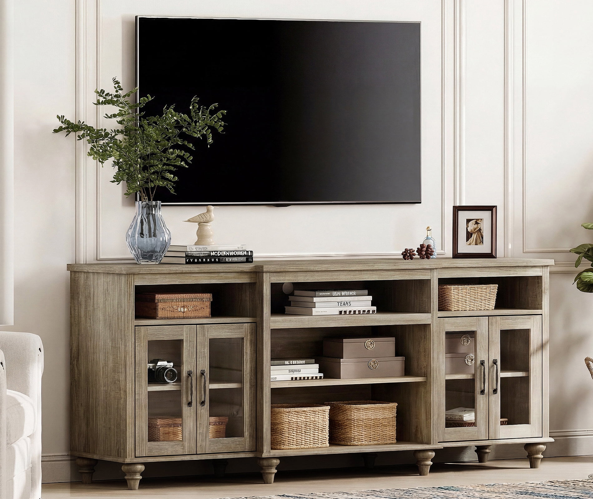 Farmhouse TV Stand for TVs Up to 75 inch, 4-Door Glass and Wood Universal TV Console with 9 Storage Cabinets, Entertainment Center Table for Living Room Bedroom, Wash Grey