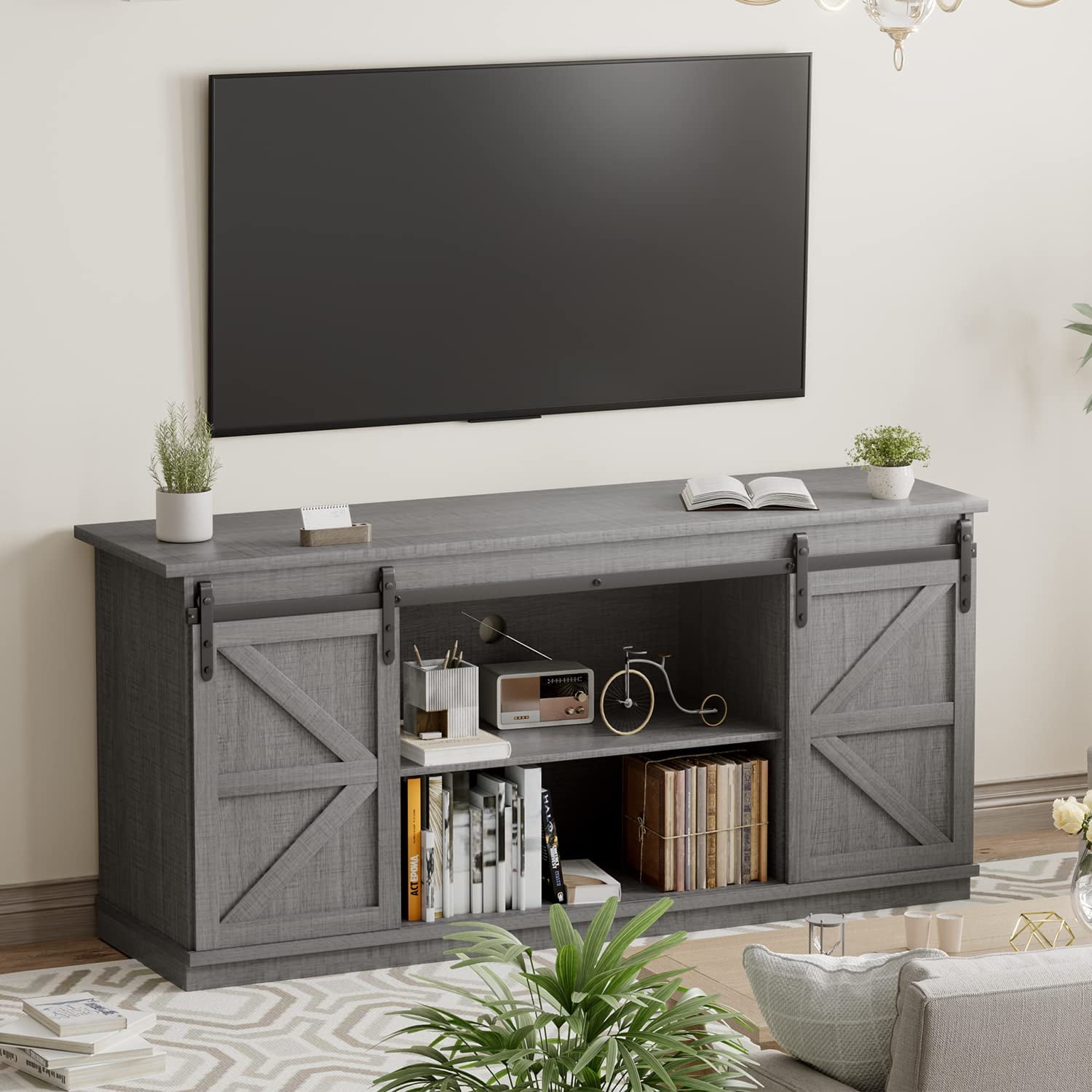 Farmhouse TV Stand for Televisions up to 65+ Inch with Sliding Barn