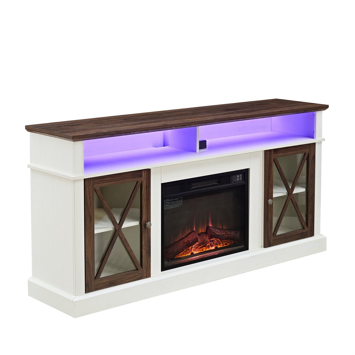 Farmhouse TV Stand UP to 75 inch TV, Entertainment Center TV Cabinet Stands with LED lights and Outlet, Adjustable Storage Shelves and Glass Door Cabinet  for Living Room