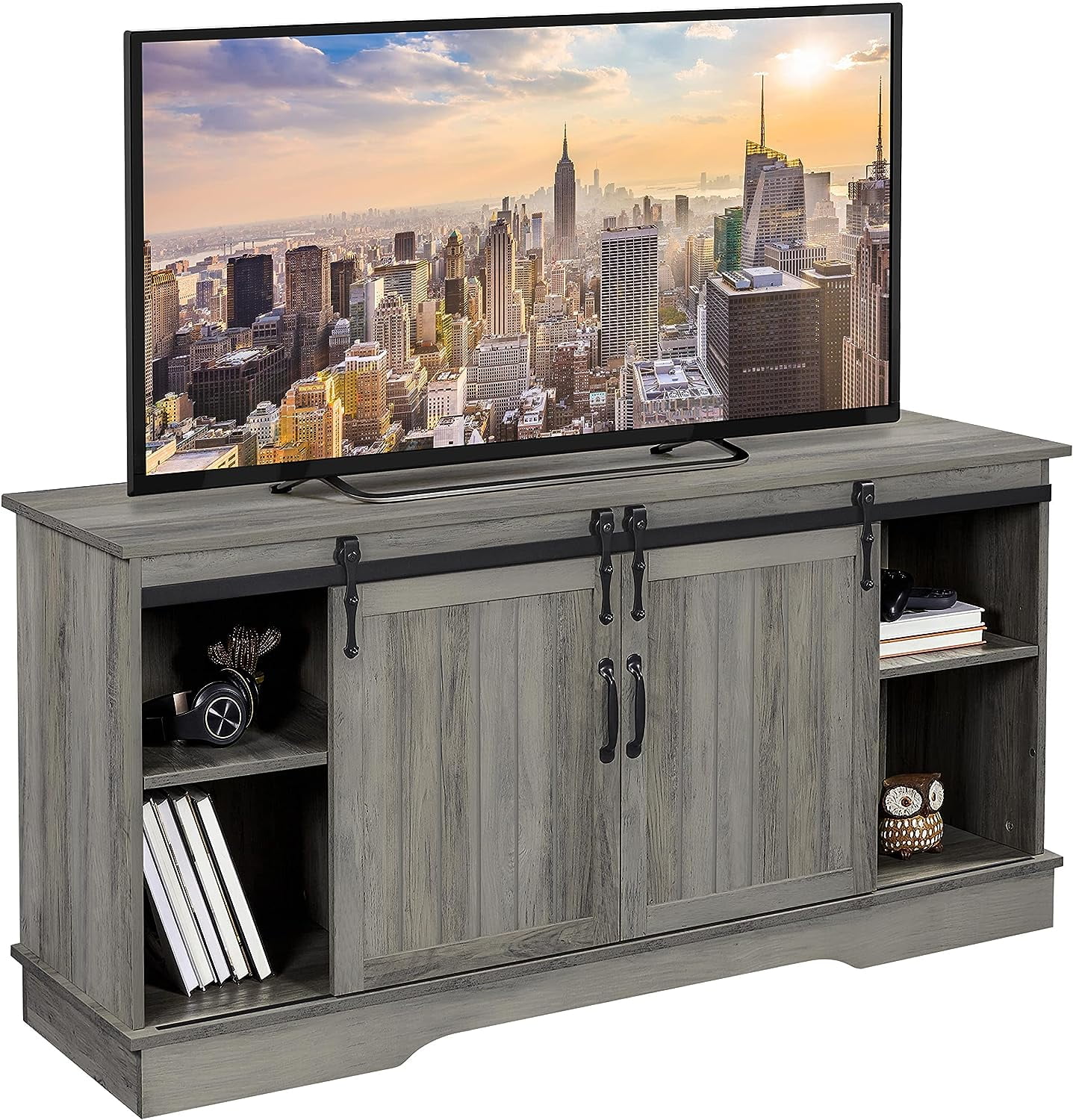 Farmhouse TV Stand With Storage, 58" Entertainment Center With Sliding