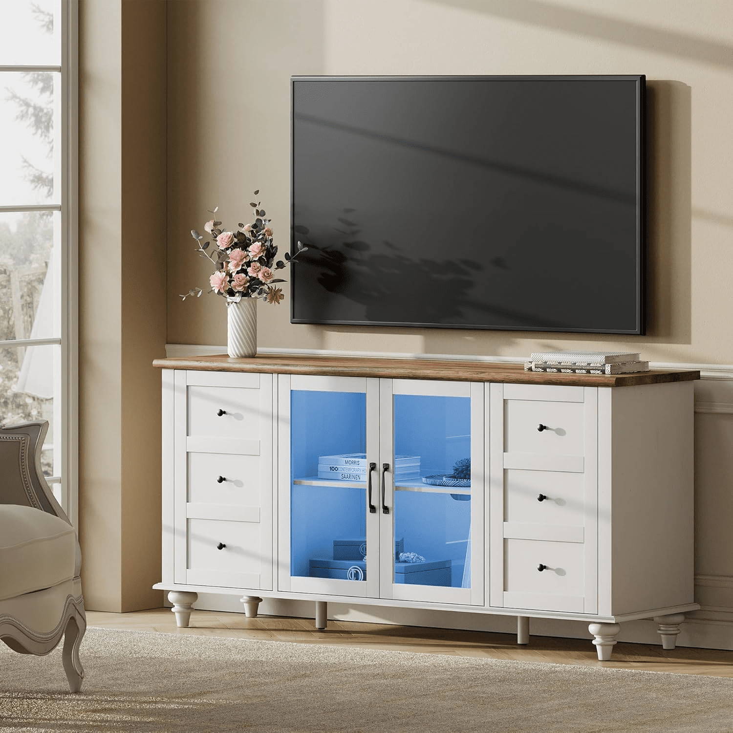 Farmhouse TV Stand with Yellow Light for 85-110 Inches TVs Glass Door ...