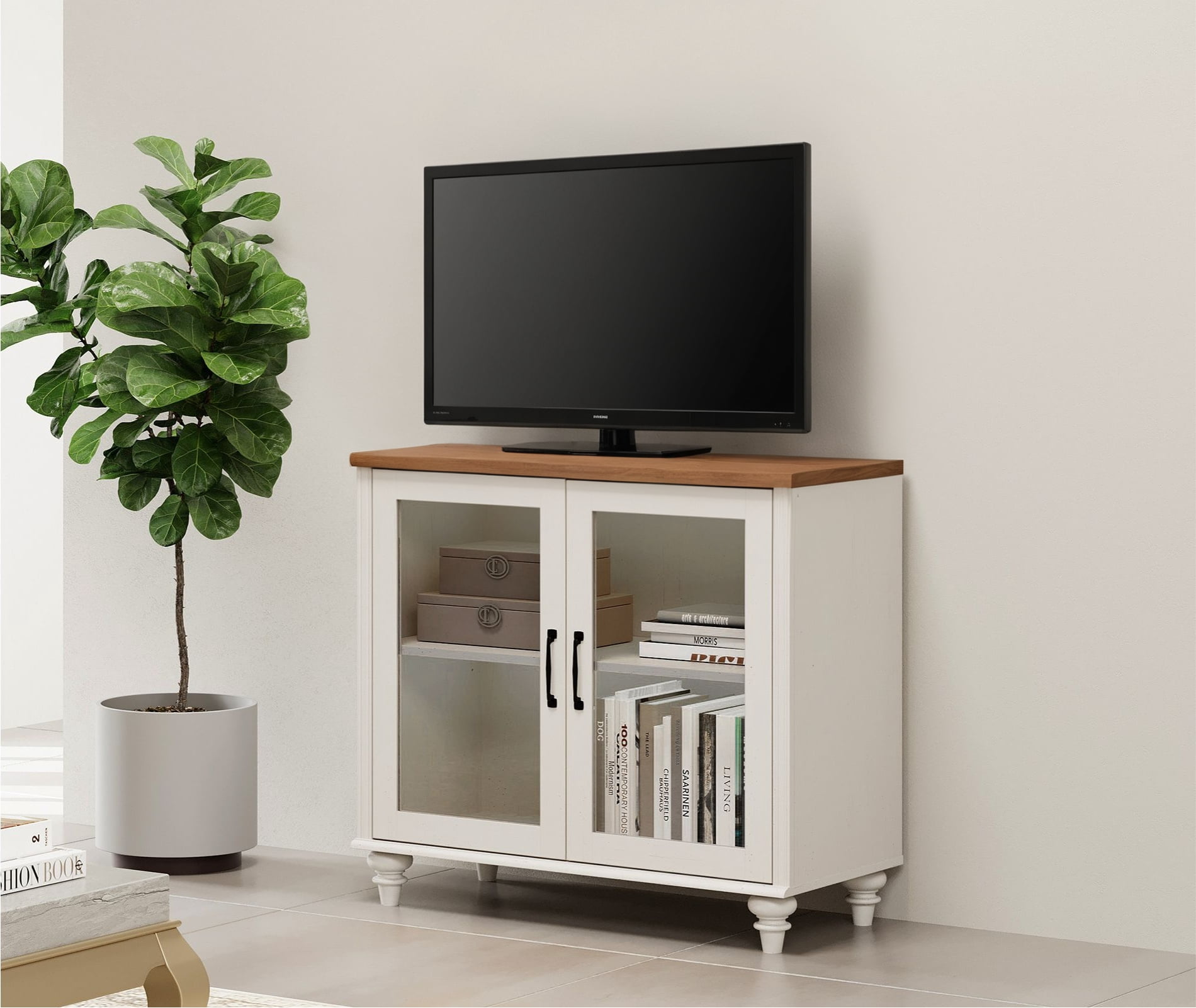 Farmhouse TV Stand for 43 Inch TV, Wood Entertainment Center with Storage Cabinet for Living Room Dining Room Bedroom, Off White