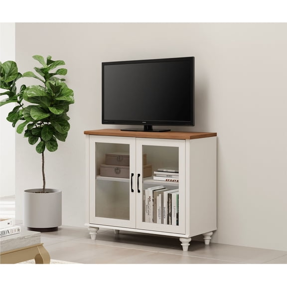 Farmhouse TV Stand for 43 Inch TV, Wood Entertainment Center with Storage Cabinet for Living Room Dining Room Bedroom, Off White