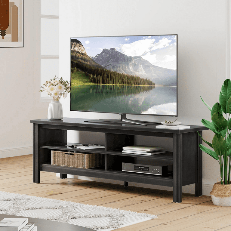 Wampat Farmhouse Entertainment Center Black Wood TV Stand for 55 60 inch TV with 4 Cubby Storage Suitable for Living Room and Bedroom Size 3.9 in