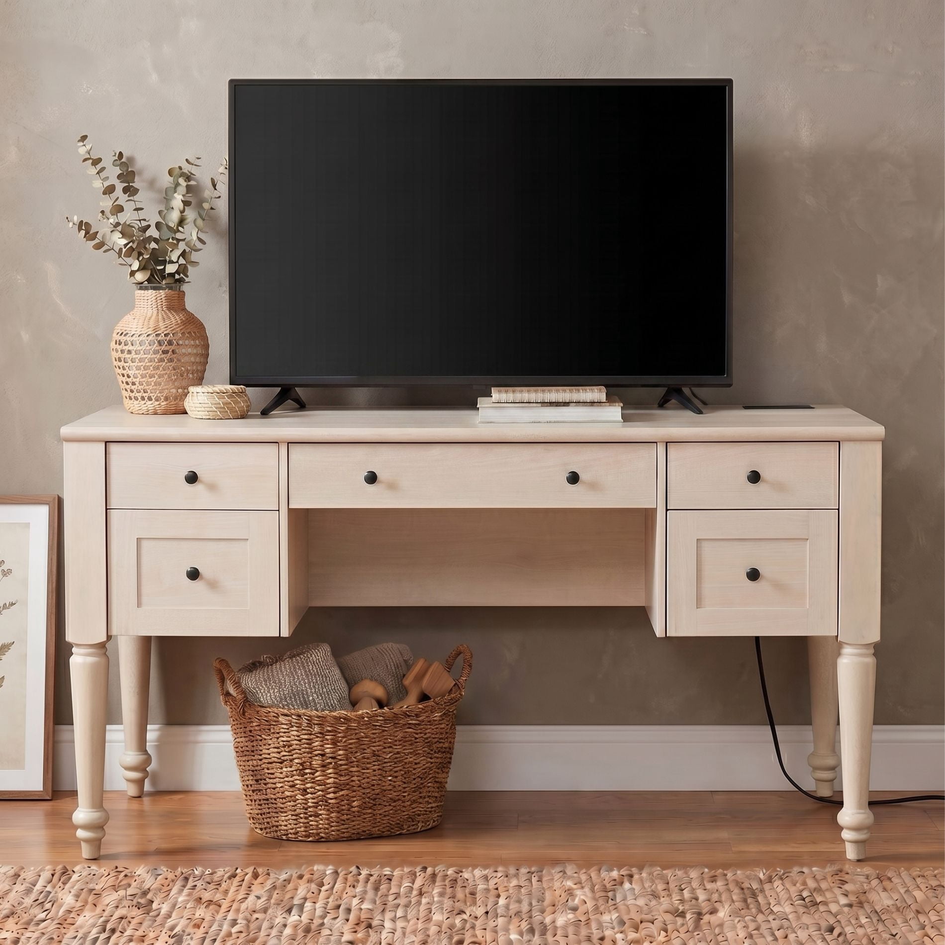 Farmhouse TV Stand for 60 Inch TV, Wood Entertainment Center with 5 Drawers, Storage Cabinets & Charging Station, Beige