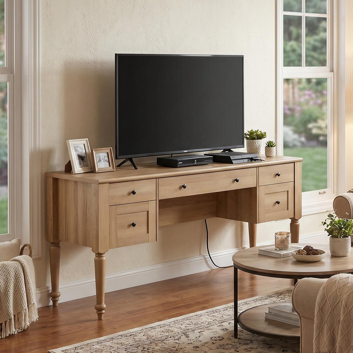 Farmhouse TV Stand for 60 Inch TV, Wood Entertainment Center with 5 Drawers, Storage Cabinets & Charging Station, Oak