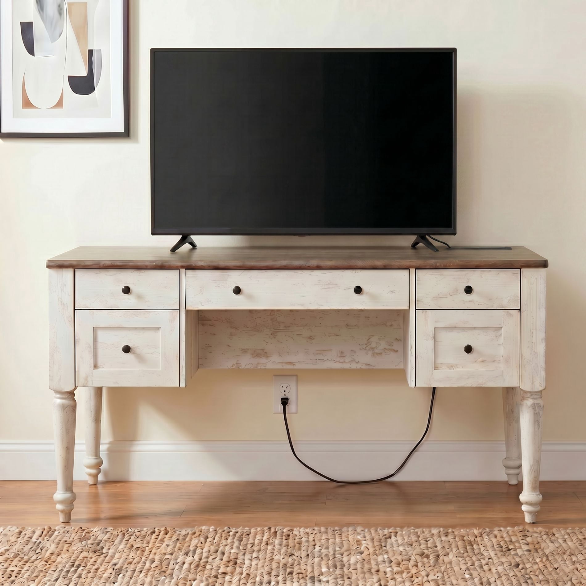 Farmhouse TV Stand for 60 Inch TV, Wood Entertainment Center with 5 Drawers, Storage Cabinets & Charging Station, Rustic White