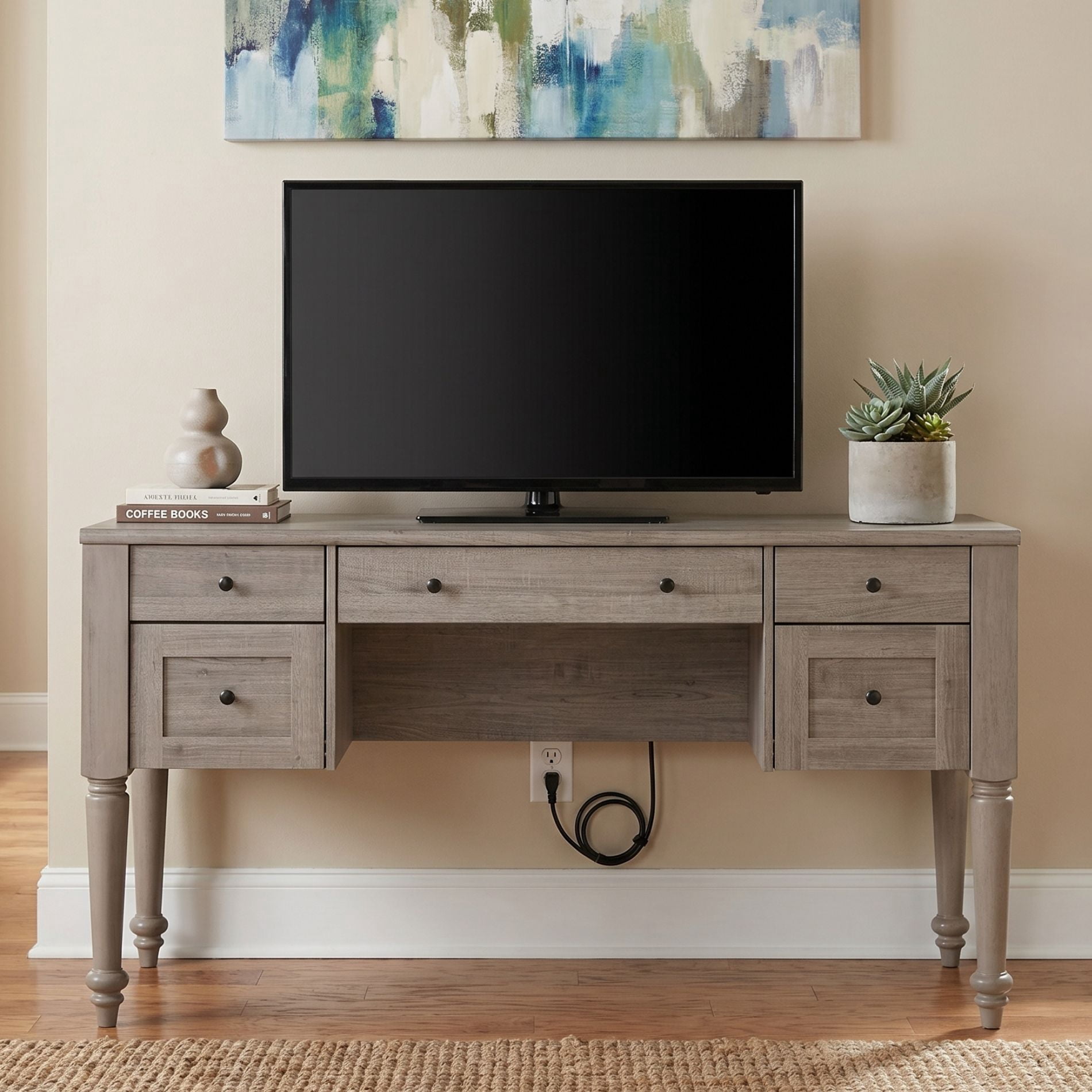 Farmhouse TV Stand for 60 Inch TV, Wood Entertainment Center with 5 Drawers, Storage Cabinets & Charging Station, Wash Gray