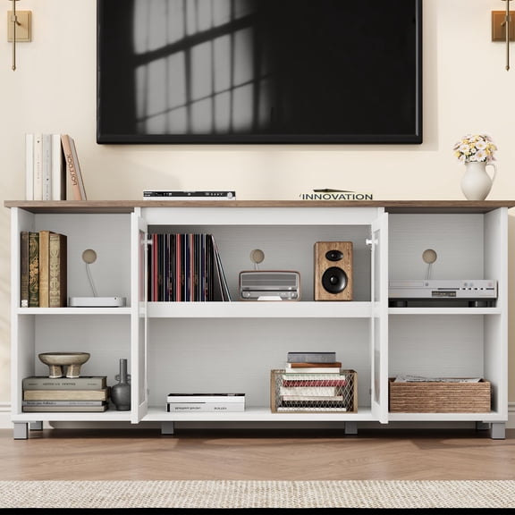 Farmhouse TV Stand for 63-65 Inch TVs – Entertainment Center with Adjustable Shelves & Cabinet Doors – Ample Storage – Easy Assembly – Brown-white