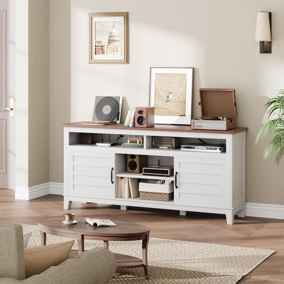 Farmhouse TV Stand for 63 Inch, Entertainment Center with Cabinet Doors and Adjustable Shelves, for Living Room, Bedroom - White