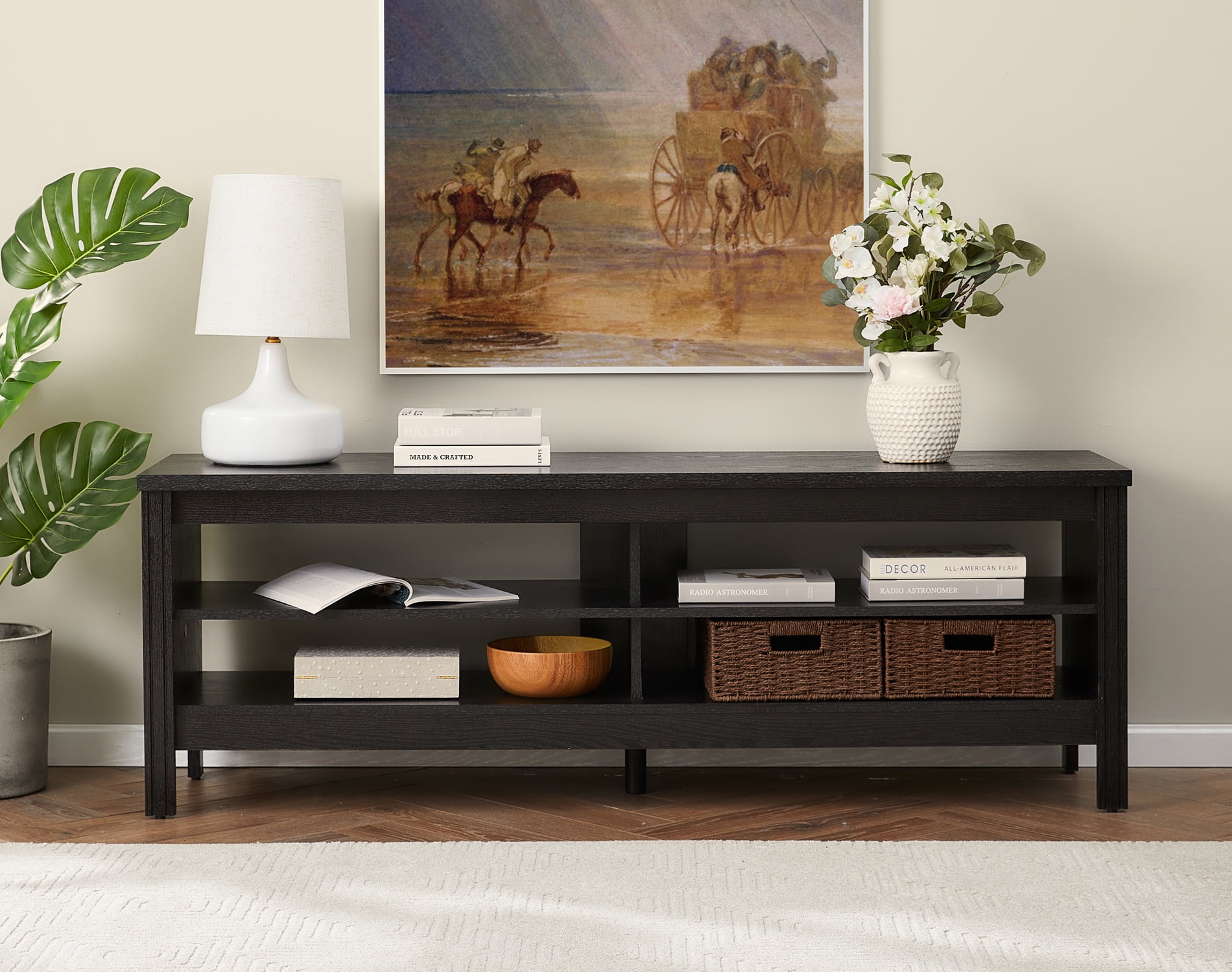 Farmhouse TV Stand for 65 60 Inch TV, Wood TV Media Console for 55 inch TV with 4 Cubby for Living Room Bedroom, Black - Walmart.com