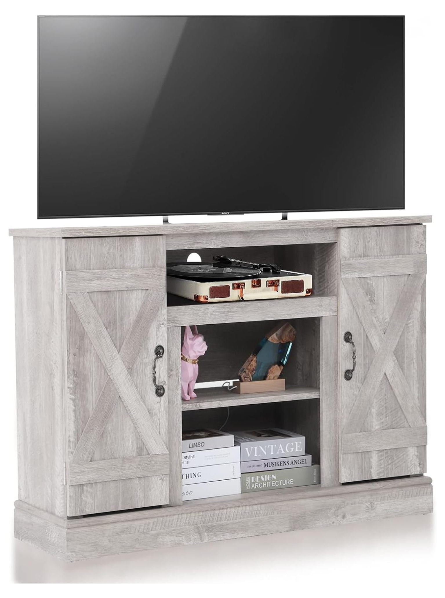 Farmhouse TV Stand for 65 Inch, Entertainment Center with Storage Cabinet Table & Two Barn Doors ...
