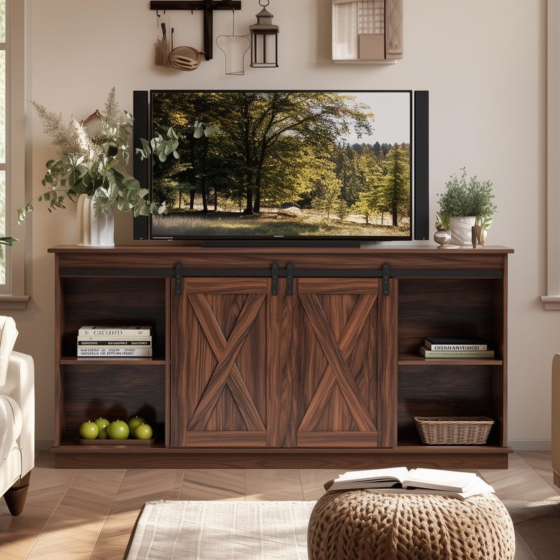 Farmhouse TV Stand for 65 Inch TV, Rustic Brown Media Console Cabinet with Sliding Barn Doors, Adjustable Shelves, 300 lb Capacity