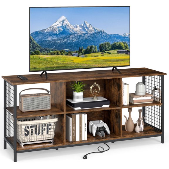Farmhouse TV Stand for 65 Inch TVs, Entertainment Center with 6-Cube Storage, Media Console Cabinet for Living Room,Rustic Brown