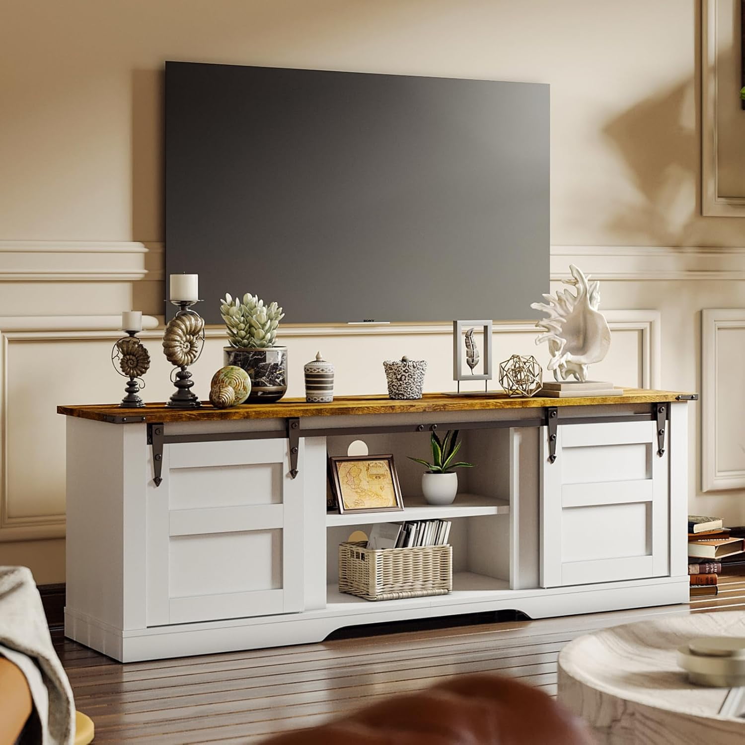 Farmhouse TV Stand for 65\u201D TV Entertainment Center with