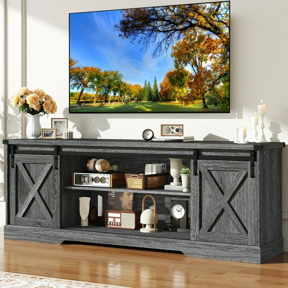 70" Farmhouse TV Stand for 75 Inch TVs with Sliding Barn Door, Rustic Wood Entertainment Center Large Media Console Cabinet for Living Room