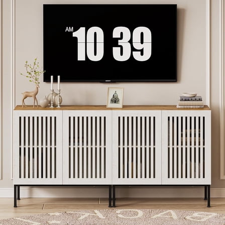 Farmhouse TV Stand for 70 Inch TVs, 2-in-1 Entertainment Center with Storage Cabinets & Metal Base, Antique White Media Console for Living Room