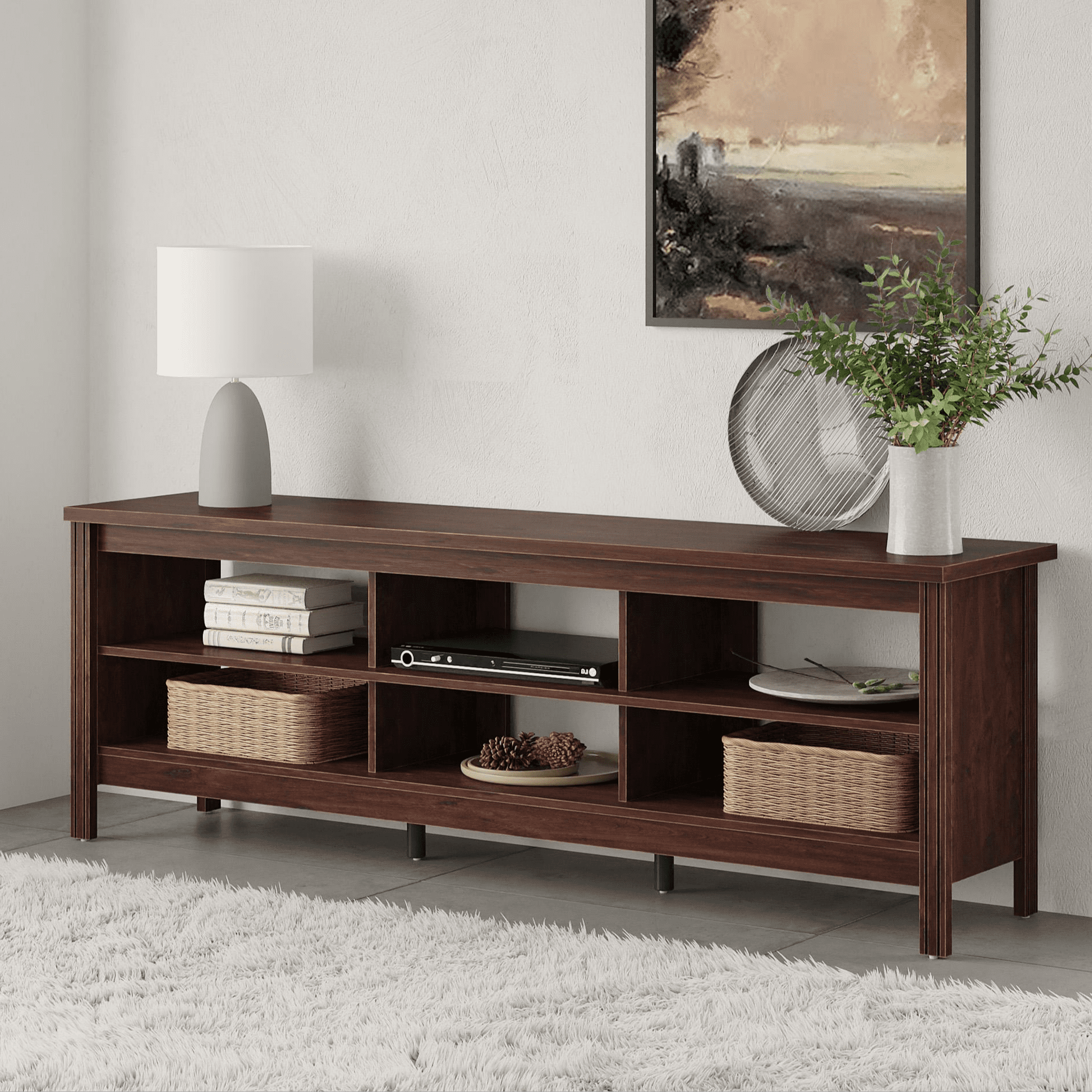 Farmhouse TV Stand for 70+ inch TV, Brown Entertainment Center with 6 Cubby for Living Room, Bedroom