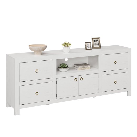 Farmhouse TV Stand for 75/80 Inch TVs, Entertainment Center with 6 Storage Drawers & Soundbar Shelf, for Living Room, Bedroom
