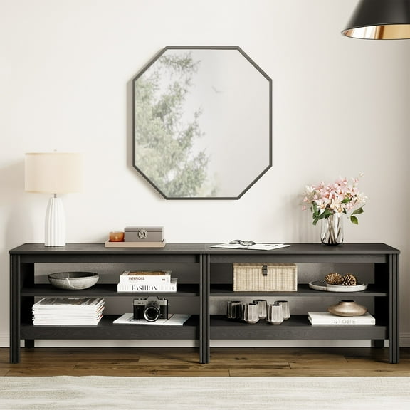 Farmhouse TV Stand for 75 Inch TV Entertainment Center Wood Media Table with 4 Open Shelves for Living Room, Black 70 inch