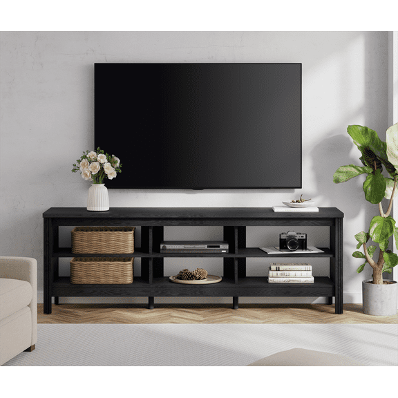 Farmhouse TV Stand for 75 inch TV, Black Entertainment Center with 6 Storage for Living Room, Bedroom, 70 Inch