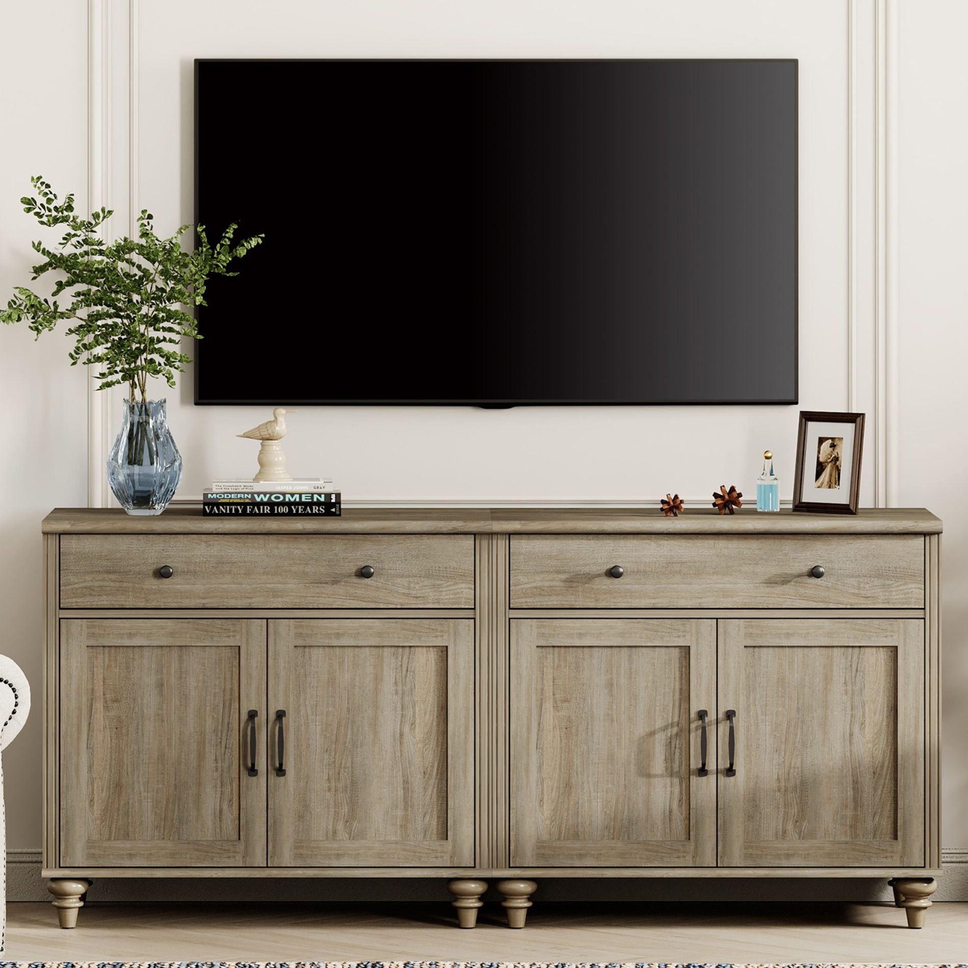 Farmhouse TV Stand for 75 inch TV with 4 Doors and 2 Drawers, Wood Universal TV Stand with Storage Cabinets for Living Room, Bedroom, Wash Gray