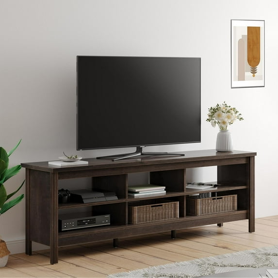 Farmhouse TV Stand for 75 inch TV with 6 Cubby for Living Room, Espresso TV Console for Bedroom, 70 inch