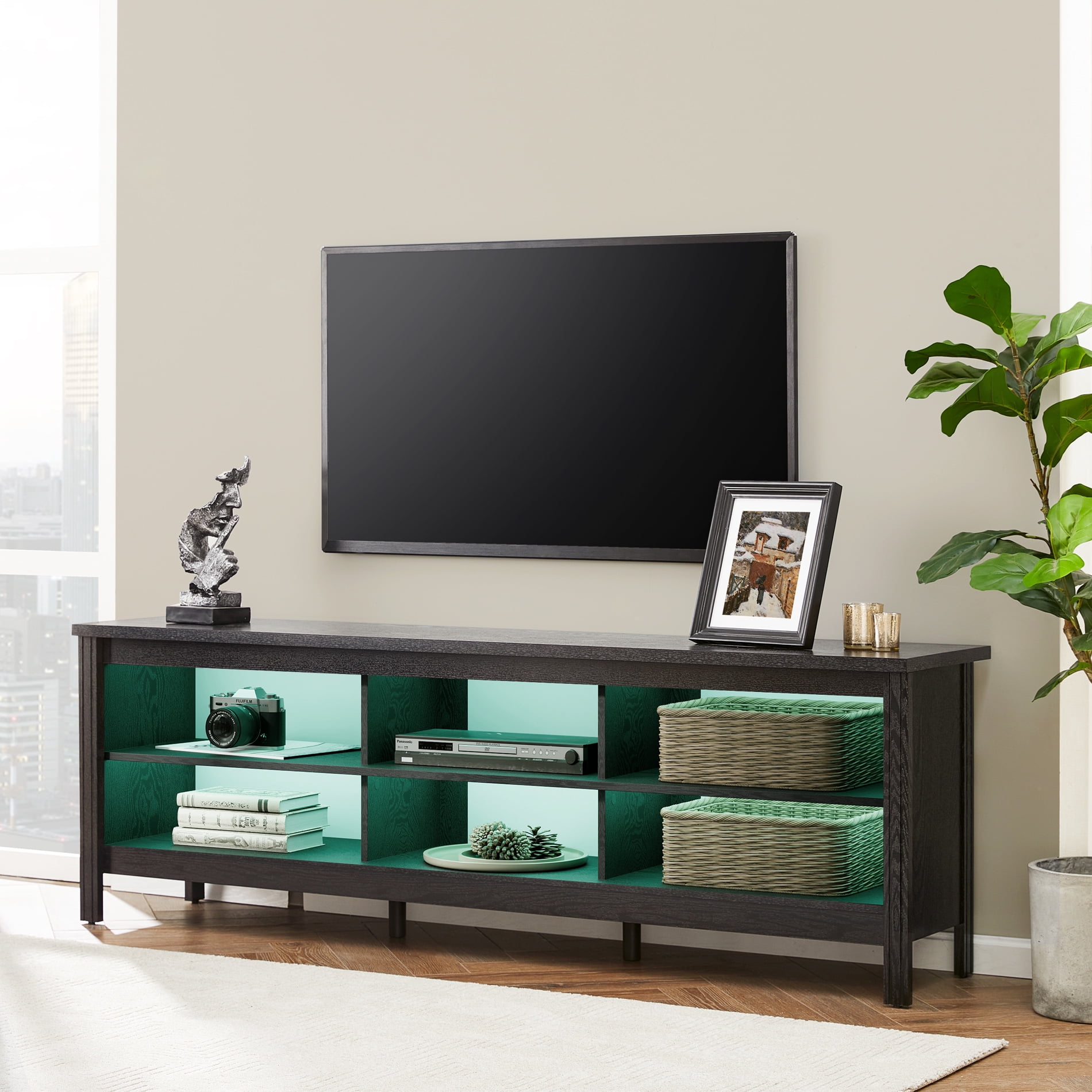 Farmhouse TV Stand for 75 inch TV with LED Light, Black Entertainment Center with 6 Storage for Living Room, Bedroom, 70 Inch