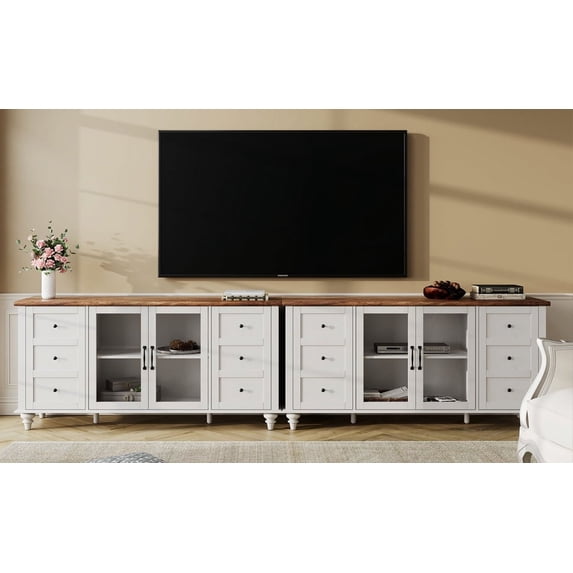 Farmhouse TV Stand for TVs Up to 110 inch, Glass and Wood Universal TV Stand,White Entertainment Center for 85-110 inch TV Console Table,White&Oak
