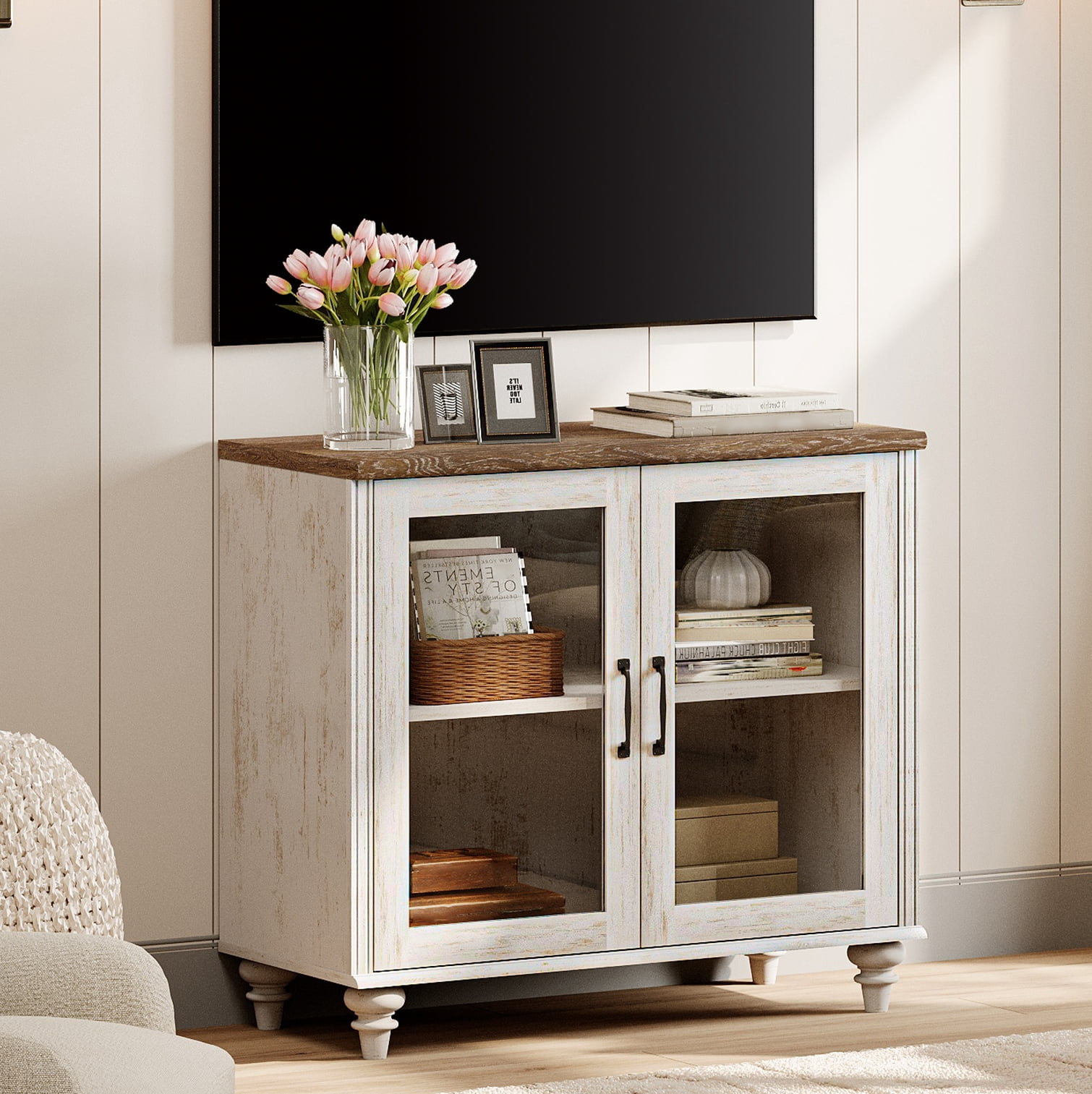 Oak Farmhouse TV Stand for 43 inch TV with 2 Glass Doors - Walmart.com