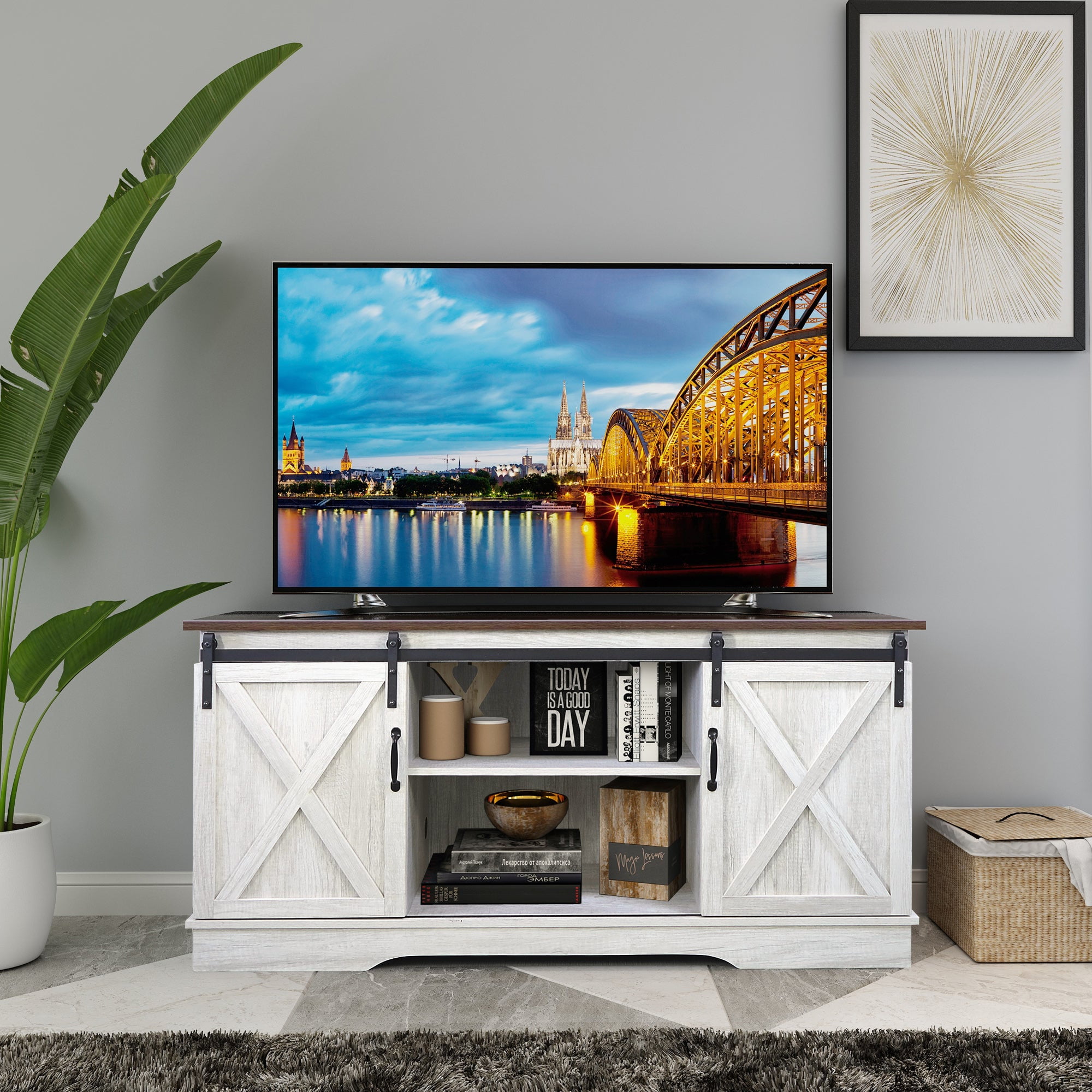 Farmhouse TV Stand for TVs Up to 65 Inch with Sliding Barn Doors and Adjustable Shelves, Sargent Oak/Dark Walnut
