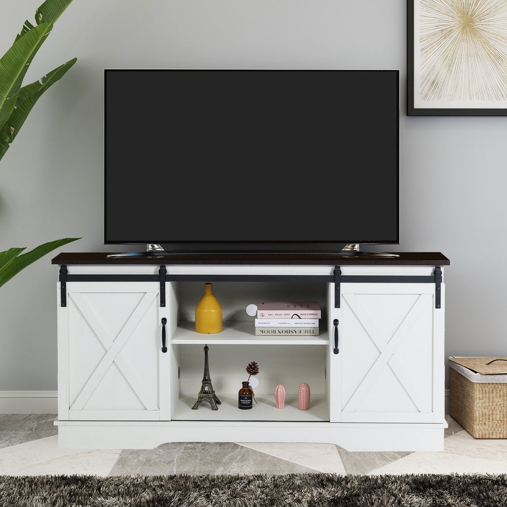 Farmhouse TV Stand for TVs Up to 65 Inch with Sliding Barn Doors and Adjustable Shelves, Vintage White/Espresso