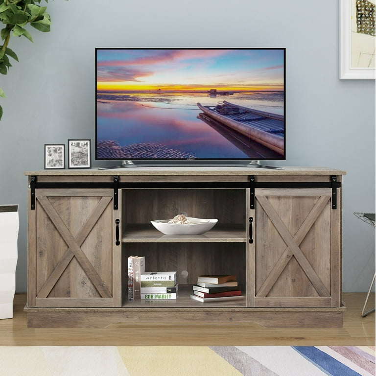 Free Shipping Farmhouse TV Stand for TVs Up to 65 Inch with Sliding Barn Doors and Adjustable Shelves Washed Oak Walmart
