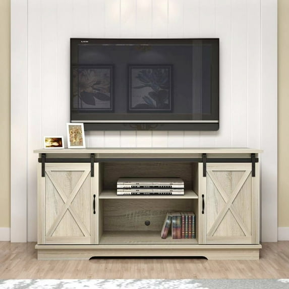 Farmhouse TV Stand for TVs Up to 65 Inch with Sliding Barn Doors and Adjustable Shelves, White Oak